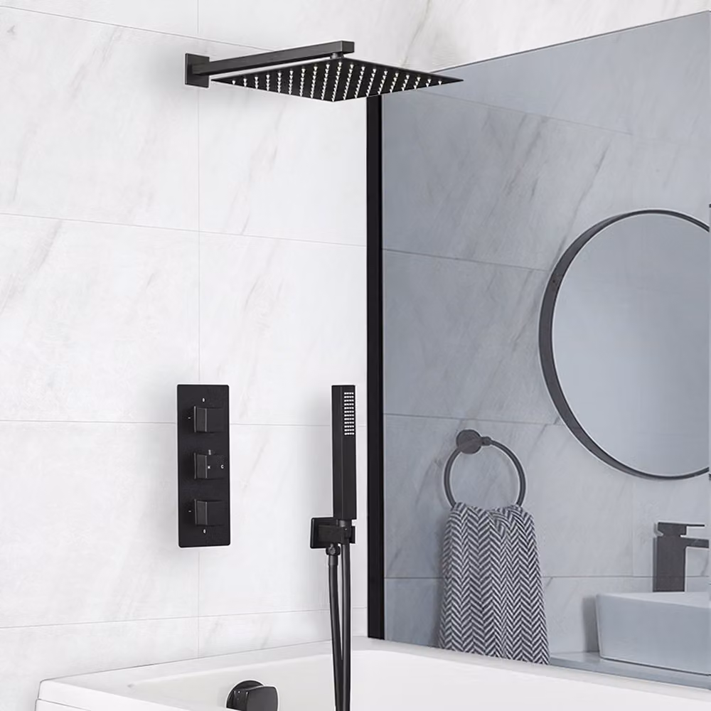 Sistema Doccia Termostatico Nero con Deviatore, Soffione Doccia, Doccetta e Erogatore Vasca (3 Vie) - Preto
