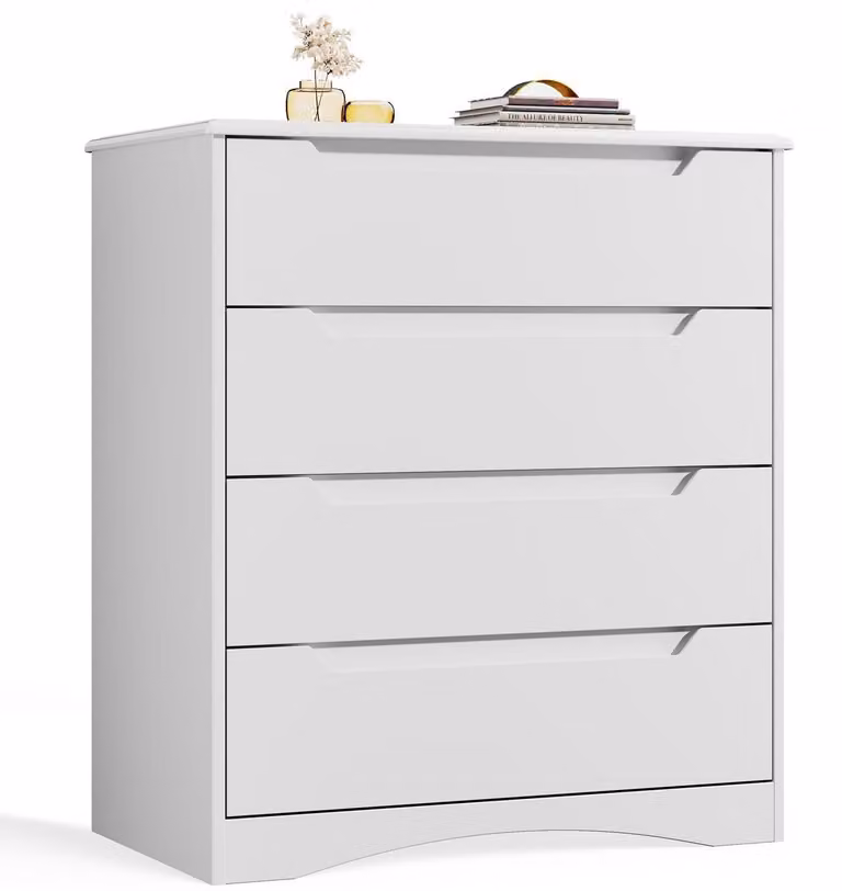 Comodino bianco con 4 cassetti, dimensioni 71,4 x 41,1 x 82,0 cm