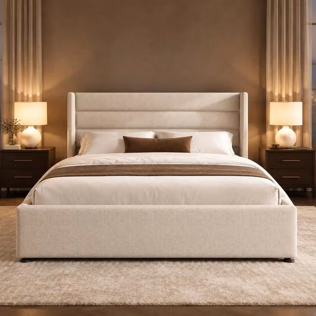 Letto matrimoniale contenitore ULEVR 180x200 cm con sollevamento idraulico, testiera imbottita in lino beige