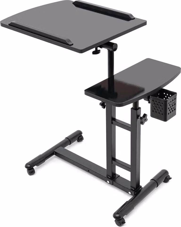 Carrello mobile per tatuaggi - Postazione di lavoro con ripiano - 4 rotelle - Bracciolo regolabile - Altezza 57,5-90 cm - Ripiano 64×40 cm - Ferro/MDF/plastica - Nero