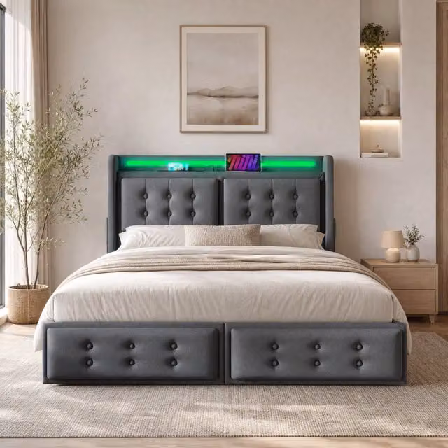 Letto contenitore 140x200 cm grigio in cotone e lino, LED USB C e 4 cassetti, senza materasso