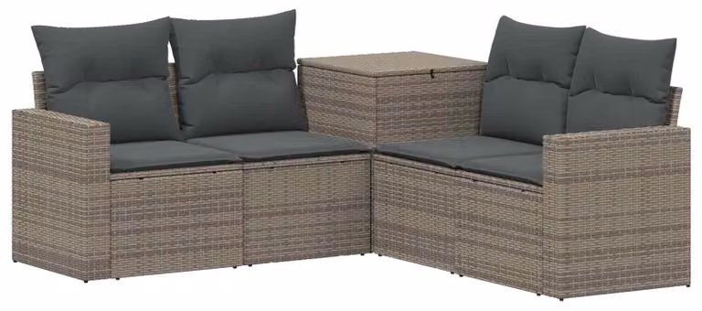 Set di divani da esterno, 5 pezzi. Colore: grigio e grigio scuro. Materiali: rattan sintetico e acciaio