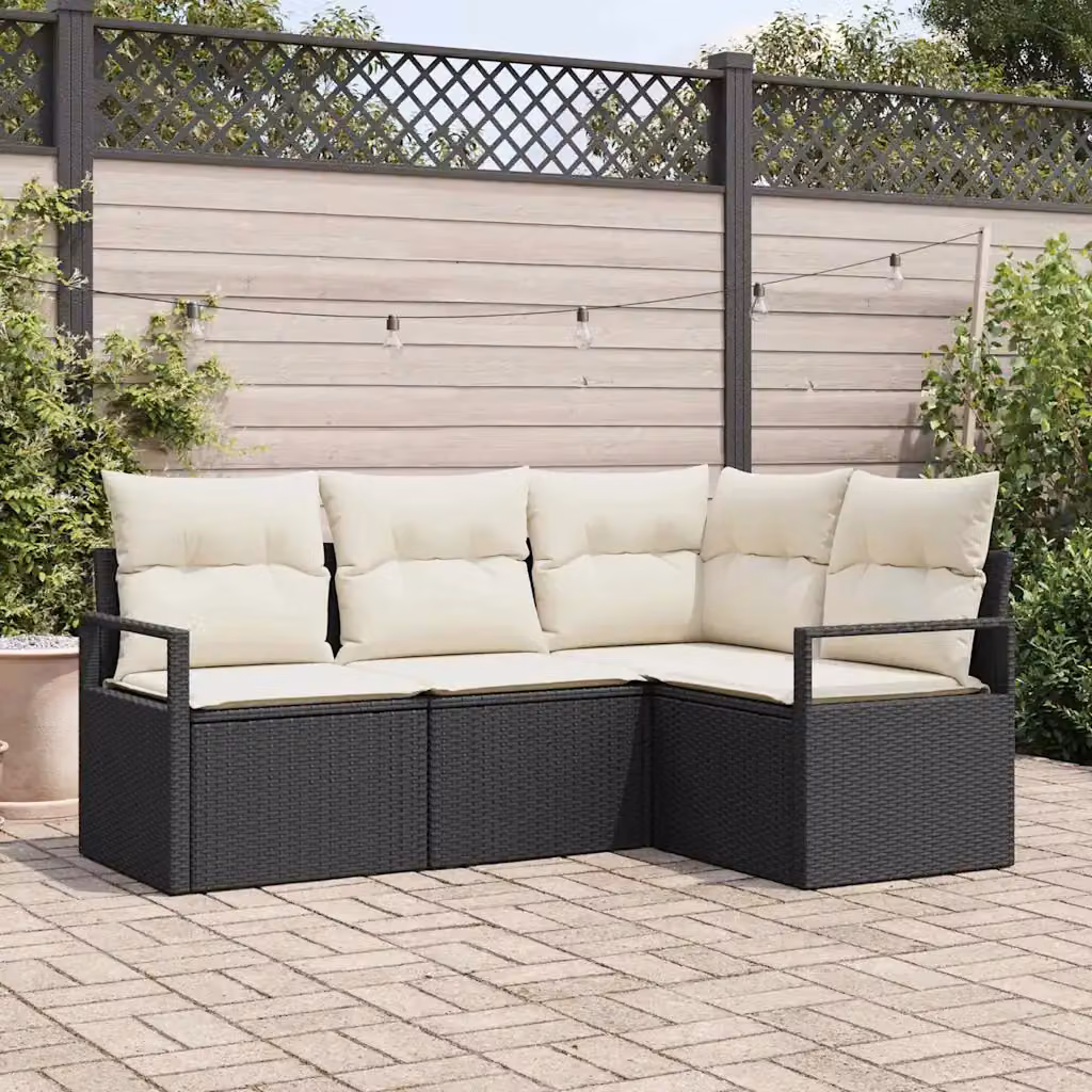 Set di divani da giardino vidaXL a forma di L in rattan nero con struttura in acciaio e cuscini inclusi – 1