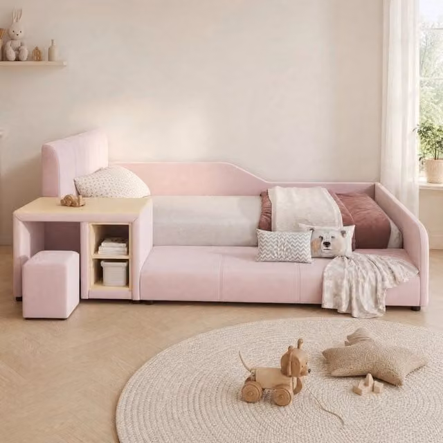 Letto singolo REDOM in velluto rosa con scrivania, sgabello e ripiani, L/P/H: 90 x 200 cm