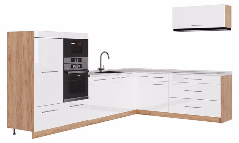 Cucina angolare completa Vicco Fame-Line Bianco lucido/Rovere dorato 327 x 227 cm, PL Marmo, Model 64406