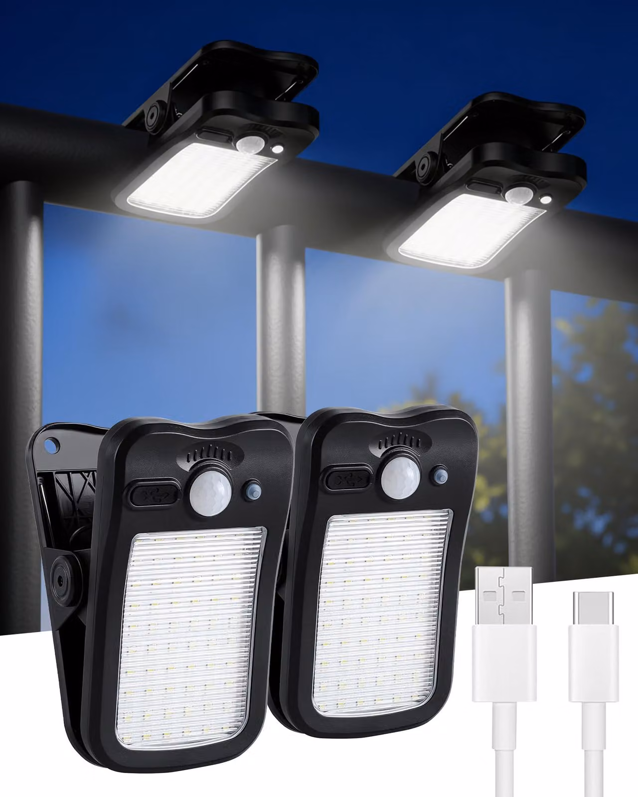 2 luci solari da esterno con sensore di movimento, 60 LED, 3 modalità, da fissare, grado di protezione IP44