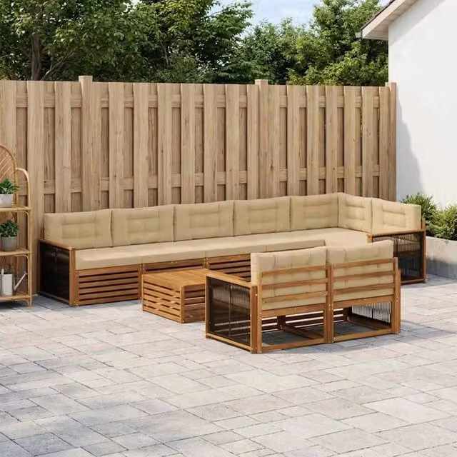 Set di divani da esterno a forma di U vidaXL in legno di acacia beige con cuscini inclusi – 1