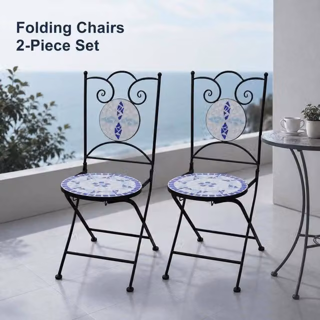 Bistro Chairs, Folding, 2 Pieces, Ceramic, Blue And White