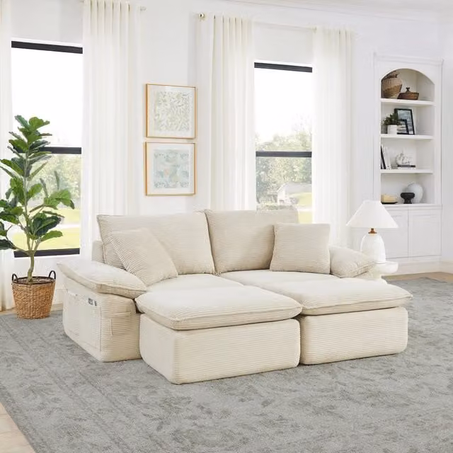 Divano modulare MIVRAY in tessuto beige con pouf coordinato per il tuo soggiorno
