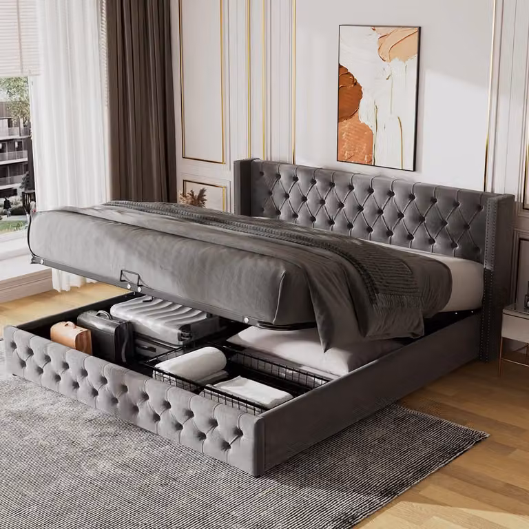 Letto Merax a molle idrauliche 160x200cm con contenitore, letto imbottito con rete a doghe, letto a molle in velluto letto funzionale a forma di orecchio letto matrimoniale, grigio