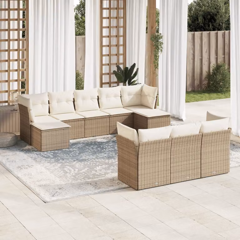 vidaXL Set Divano da Giardino 10 pz a forma di U con Cuscini Beige e Struttura in Metallo e Polyrattan