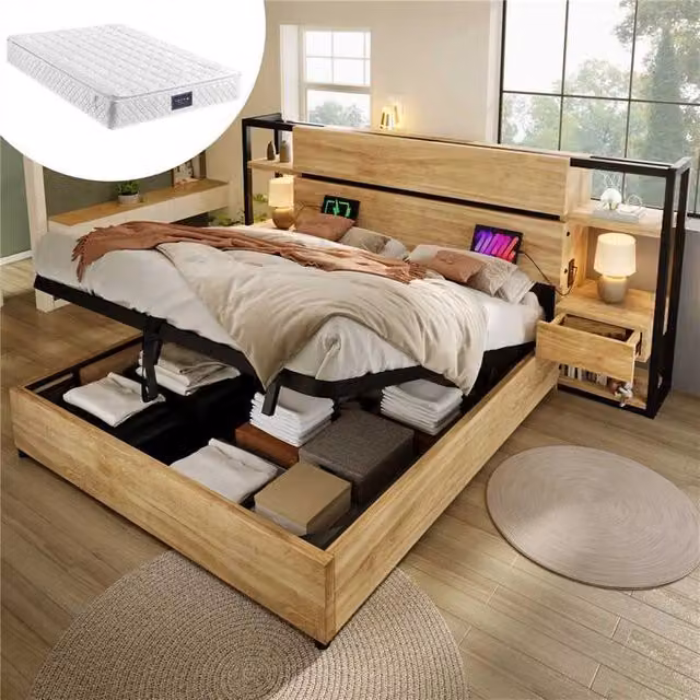Letto con contenitore 160 × 200 cm idraulico con testiera a cassetti; USB e Type-C; rovere