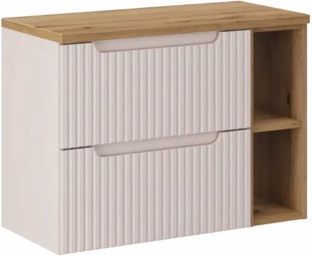 Set da bagno VANO cachemire e quercia 80cm: mobile sottolavabo con cassetti e nicchie a vista + piano per lavabo