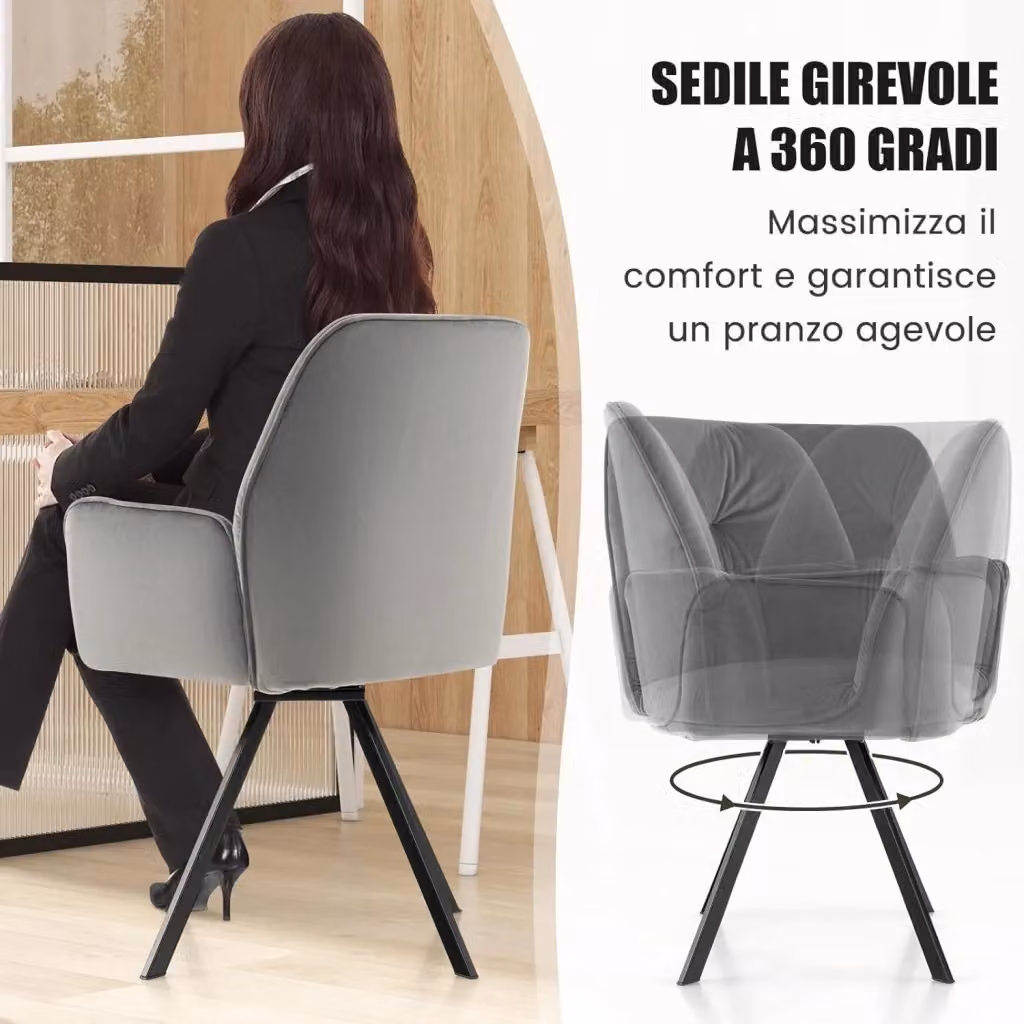 Set di 2 Sedie da Scrivania COSTWAY in Velluto Grigio, Poltrone Girevoli a 360° con Braccioli Ergonomici e Gambe in Metallo per Studio o Soggiorno – 2