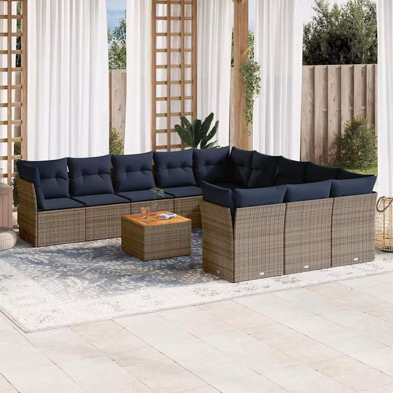 Set di divani da giardino vidaXL a forma di U composto da 12 pezzi con cuscini in polyrattan e legno di acacia, colore grigio e blu