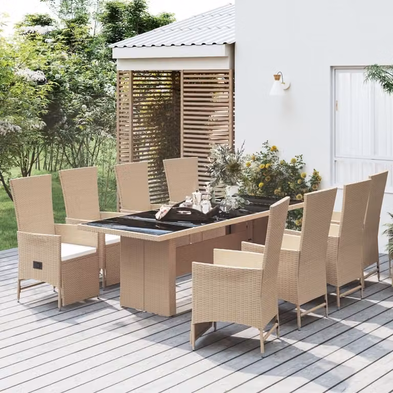 The Living Store Set da pranzo da giardino 9 pezzi con cuscini Beige poly rattan