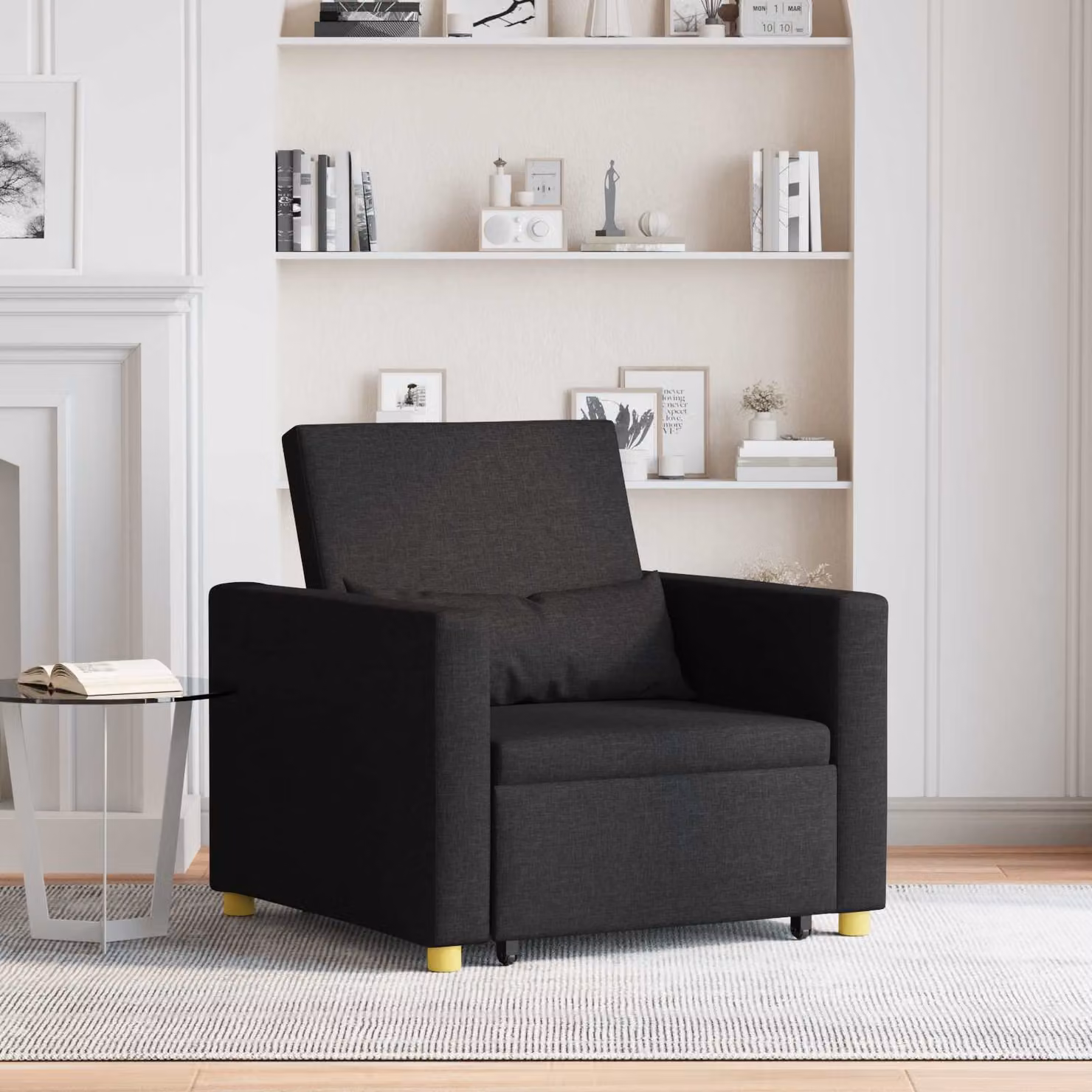 vidaXL Divano letto singolo estraibile in tessuto nero con braccioli L/P/H: 90 x 165 x 87 cm