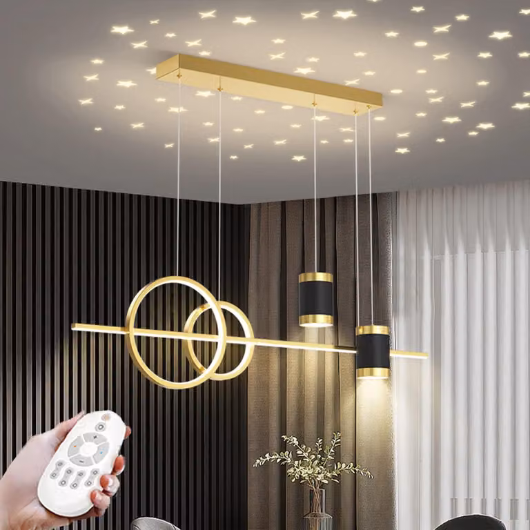 Lampada a sospensione a LED, dimmerabile, design a 6 anelli, 3600 lumen, color oro, dimensioni 100x120 cm