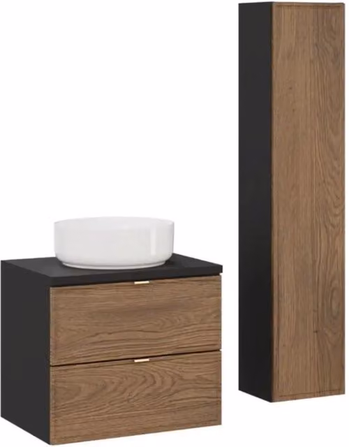 Set SAVIA: mobile sottolavabo 60cm + lavabo bianco rotondo da appoggio + colonna di stoccaggio