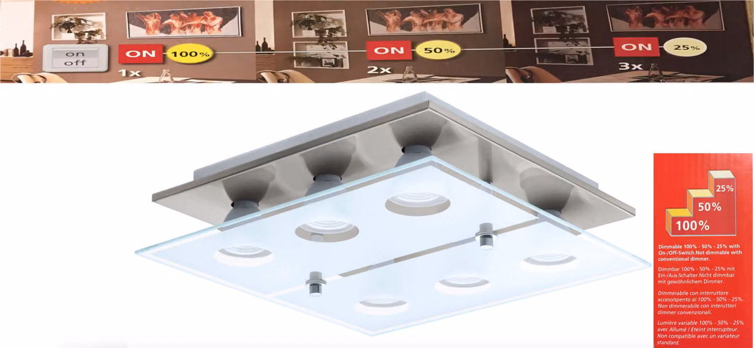 Plafoniera LED 3-Step Dimming Dimmerabile Gu10 LED Angolare Eglo 75342 Nickel Lampada