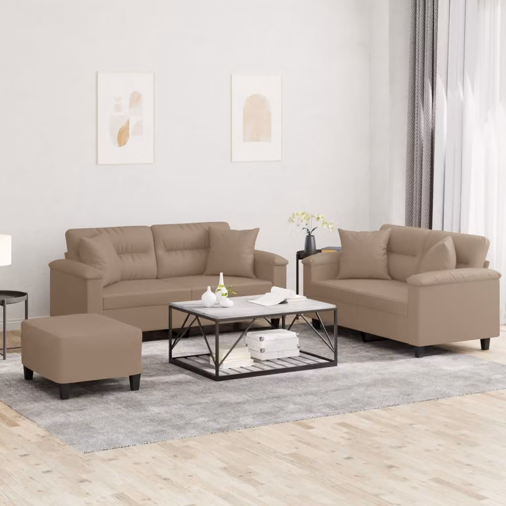 Set di divani 3 pezzi vidaXL in similpelle beige e marrone con cuscini per soggiorno in stile moderno – 1