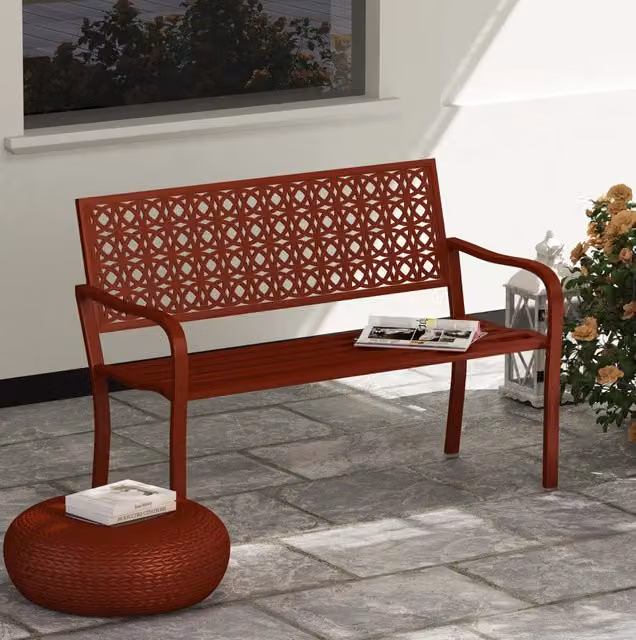 Panchina da Giardino 2 Posti in Acciaio Rosso con Schienale Decorativo, 127 cm