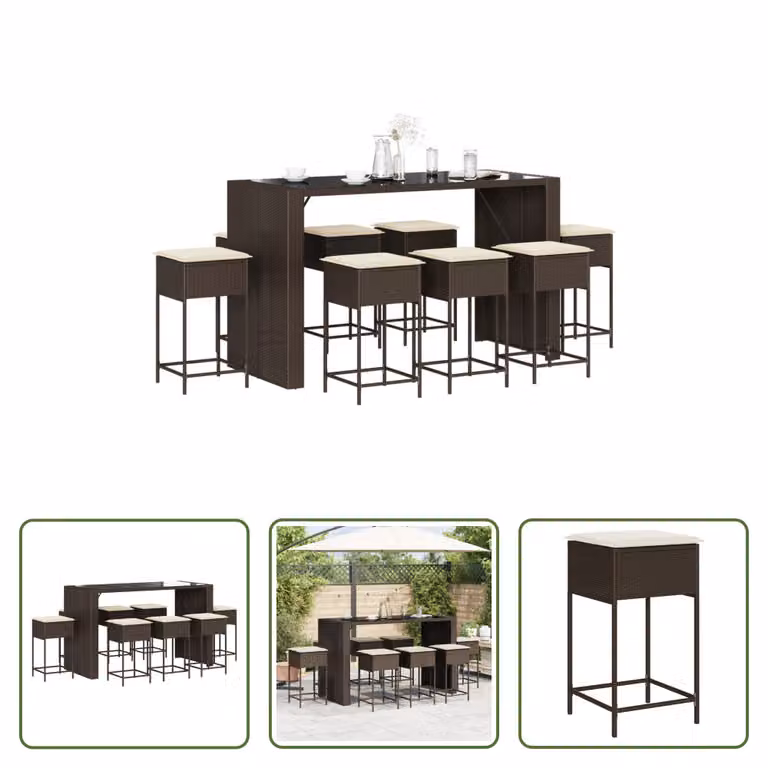 The Living Store Set bar da giardino 9 pezzi con cuscini in poly rattan marrone
