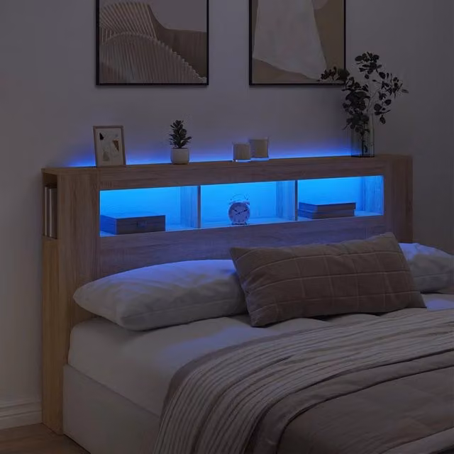 Testiera con LED vidaXL in legno Rovere Sonoma marrone con mensola e porta USB, L 180 x P 18,5 x H 103,5 cm