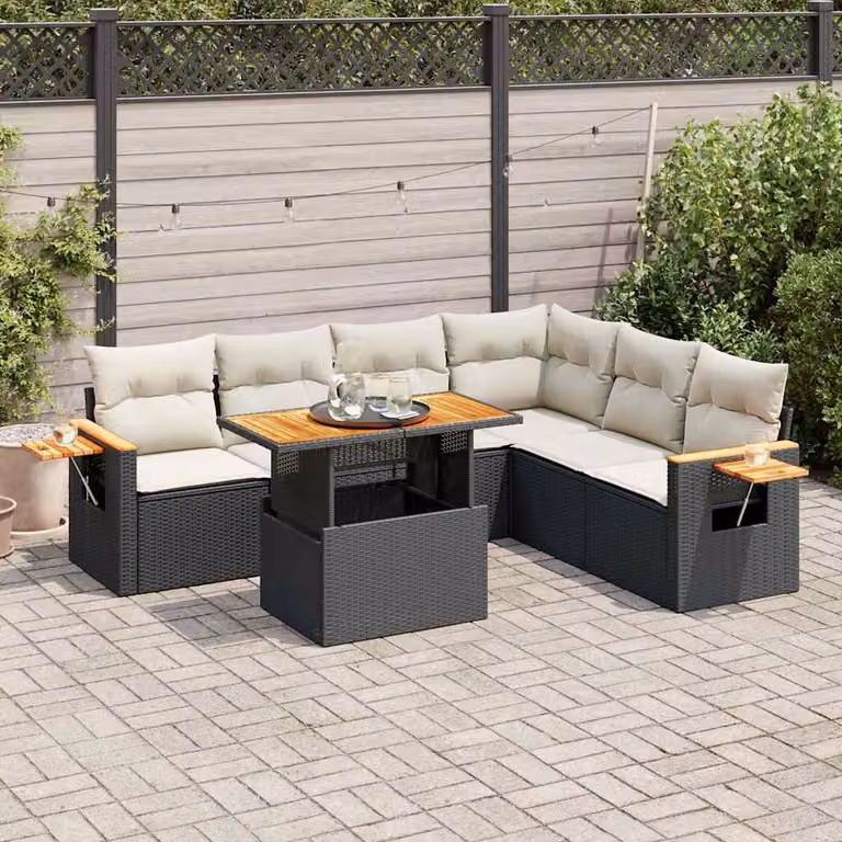 Set Divano da Giardino a L con Polyrattan e Legno di Acacia vidaXL, 7 Pezzi con Cuscini Bianchi e Tavolino da Caffè, Nero
