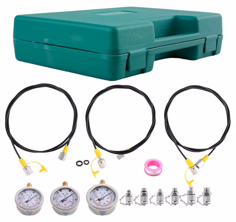 Kit di prova pressione idraulica per escavatori - Set di manometri - Campo di misurazione: 0–8600 psi (0–593 bar) - Connettore universale per impianti idraulici
