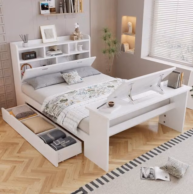 Letto 140x200 cm con contenitore; libreria testiera e tavolo pieghevole regolabile; legno bianco