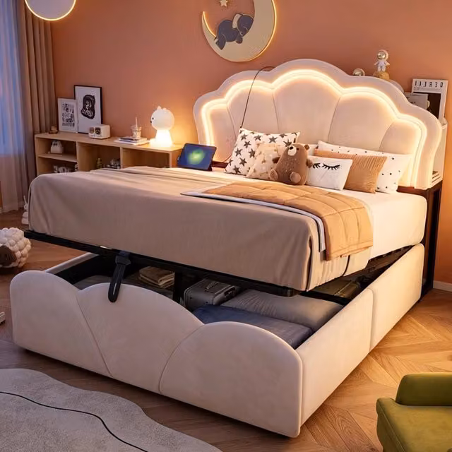 Letto imbottito 140 × 200 cm con contenitore idraulico in velluto beige con led prese e vani nella testiera