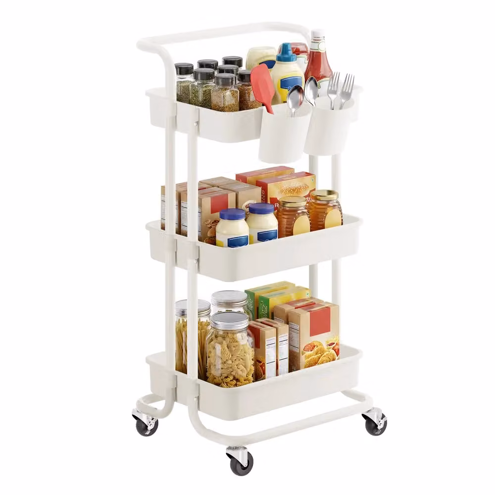 Carrello Multiuso con Ruote Manico e Organizzatori, Bianco / 3 Livelli(86,3H cm)
