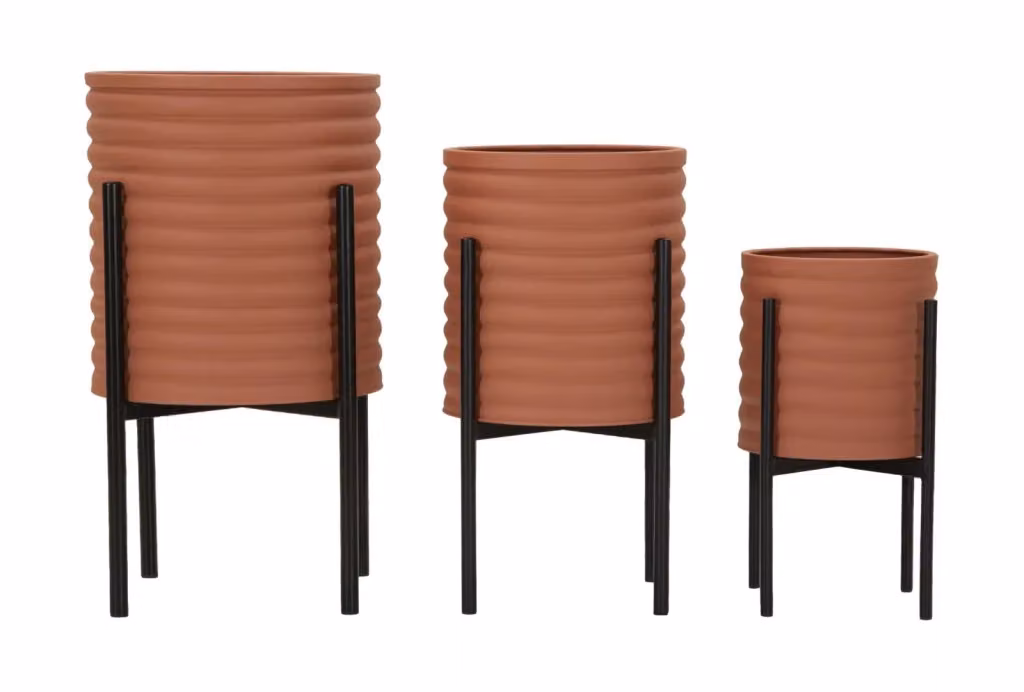 Portavasi Milly GIORDANOSHOP in ferro rosso mattone e nero con tre supporti per tubi, Ø36 x H 56,5 cm, Ø30 x H 48,5 cm e Ø24 x H 37,5 cm – 2