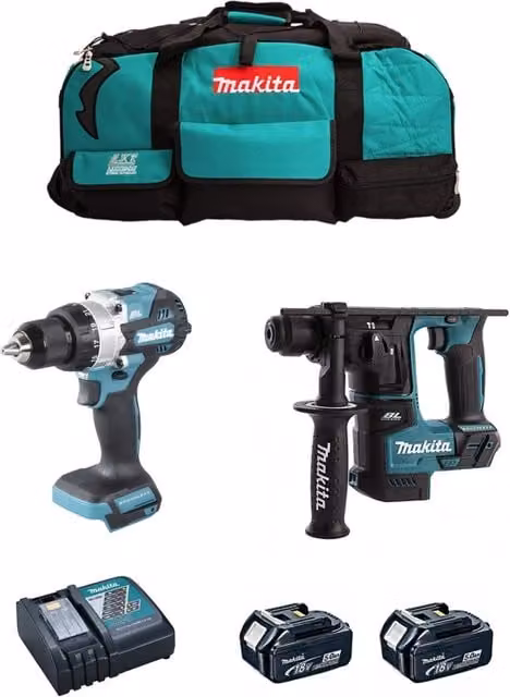 Makita Kit MK216 con Trapano Avvitatore DHP486, Perforatore DHR171, 2 Batterie da 5,0 Ah e Caricabatterie DC18RC LXT600