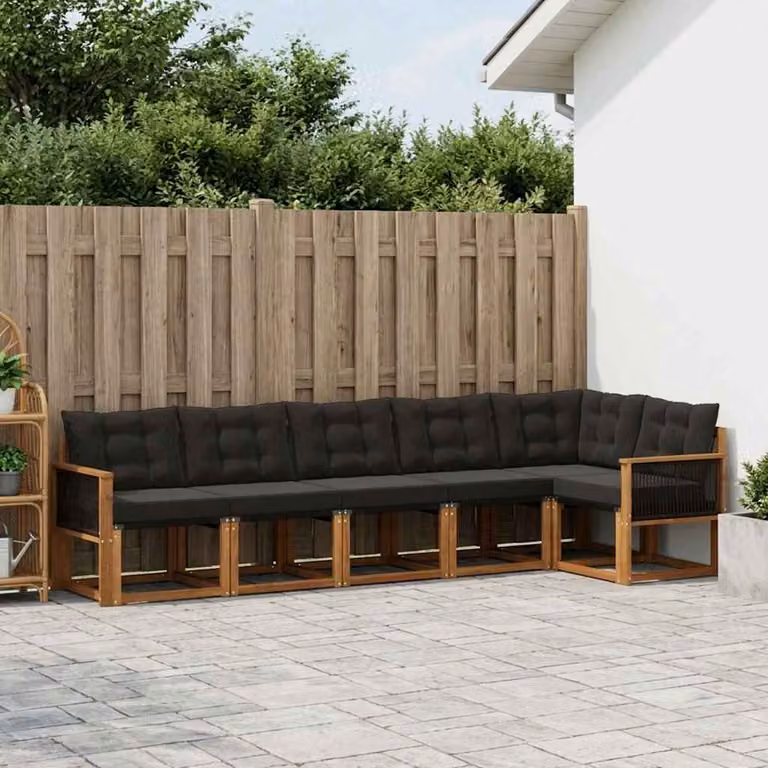 Set di divani da esterno vidaXL 6 pezzi in legno di acacia e textilene, colore marrone e nero, composizione a L con cuscini inclusi