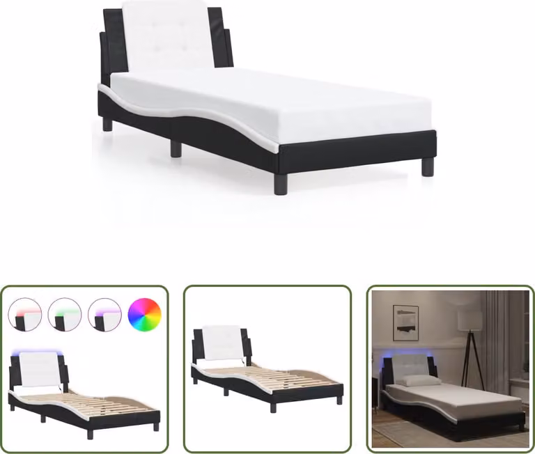The Living Store Struttura letto con LED bianco e nero 80x200 cm in ecopelle