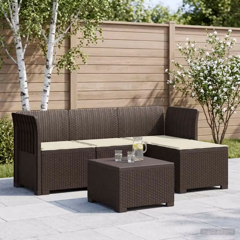 Divano da giardino a L vidaXL per 4 persone con cuscini beige e marrone in effetto rattan resistente ai raggi UV