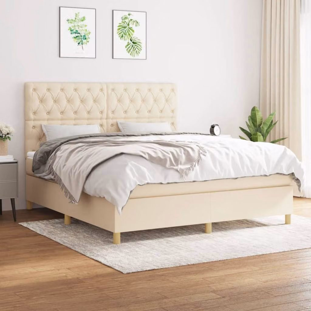 The Living Store Letto a molle con materasso crema 160x200 cm in tessuto