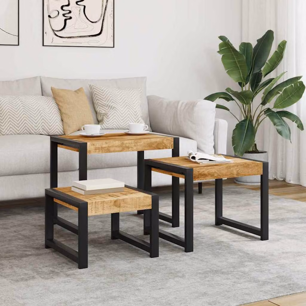 Set di 3 tavolini impilabili vidaXL in legno massello di mango marrone con design live edge e stile retro