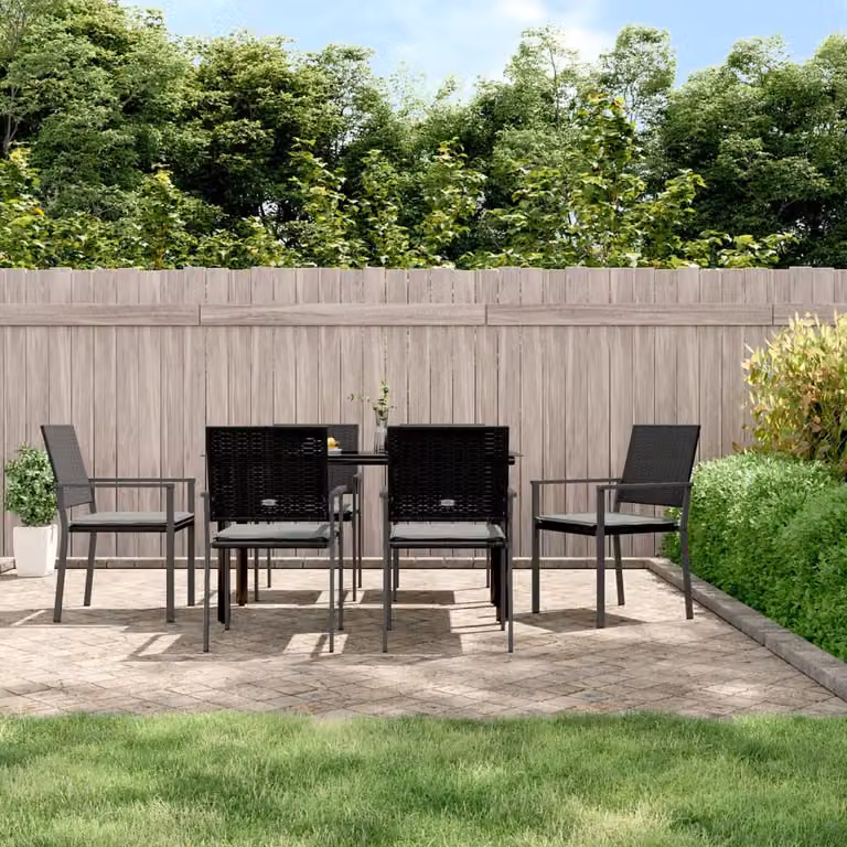 Set da pranzo da giardino vidaXL in polyrattan e acciaio con cuscini, 7 pezzi, nero e grigio, L: 110 cm, P: 70 cm, H: 74 cm