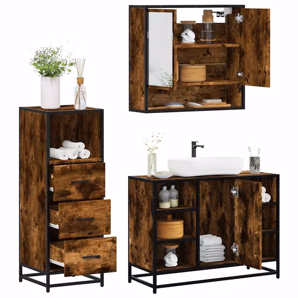 Set di mobili da bagno vidaXL 3 pezzi in stile industriale color rovere marrone con mobile lavabo, armadietto con specchio e mobile laterale in legno e metallo