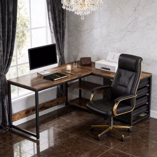 Scrivania angolare reversibile WISHDOR con 2 piani, 4 cassetti e ripiano a 2 livelli in stile industrial, colori nero e marrone