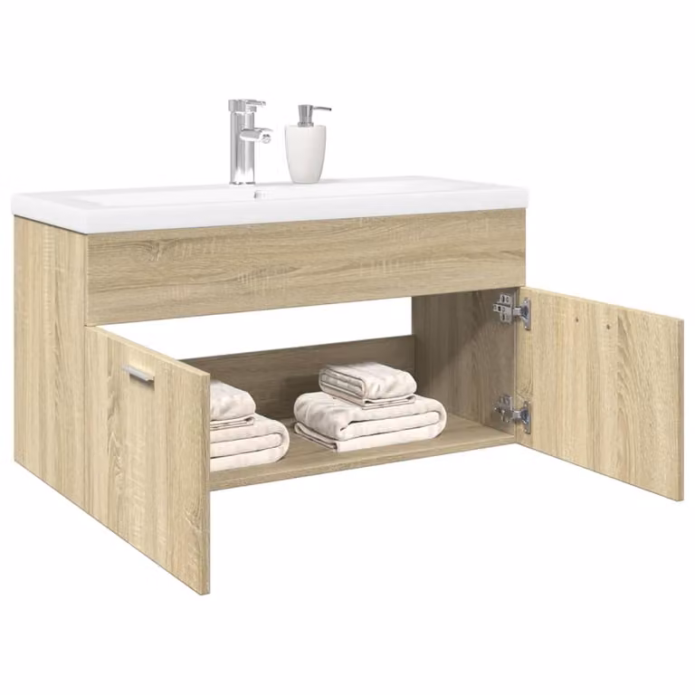 Mobile da bagno con lavabo integrato vidaXL in Rovere Sonoma, bianco e marrone, sospeso, L: 76,0 cm, P: 38,5 cm, H: 46,0 cm