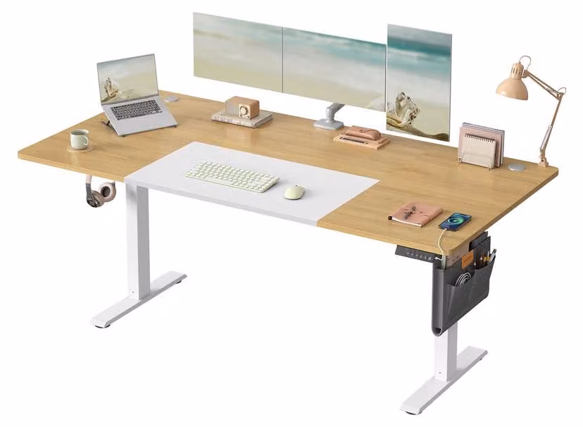 Scrivania regolabile in altezza elettricamente | Impiallacciatura di quercia naturale, finitura bianco opaco | 180x80x72-120 cm