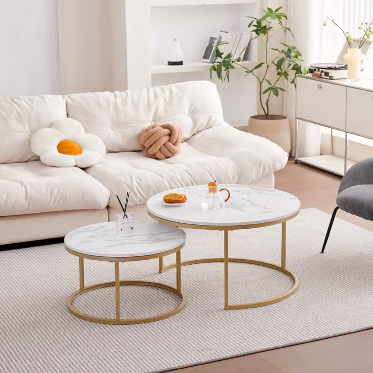 Set di tavolini da caffè rotondi, impilabili, con finitura effetto marmo, dorati, bianchi e dorati, dimensioni 80x45 cm e 60x35 cm