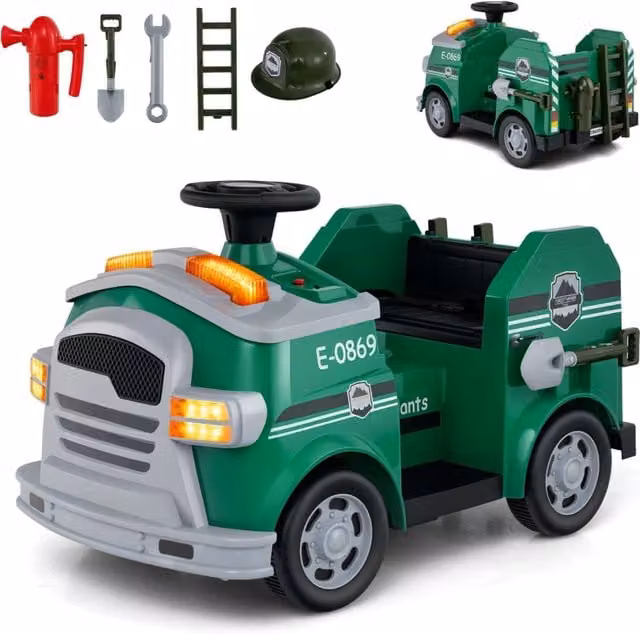 Auto elettrica per bambini 12V camion dei pompieri, 4 ruote antiscivolo con pala estintore scala casco di sicurezza Verde-Macchinine giocattoli
