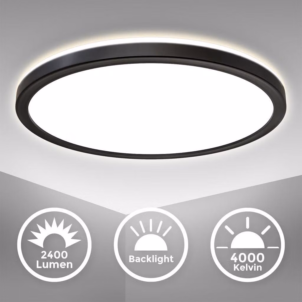 B.K.Licht Plafoniera LED con illuminazione indiretta, ultra piatta 2,8cm, LED integrati 18W, 2400Lm, luce bianca naturale 4000K, Ø29cm, Lampada da soffitto con contorno nero, retroilluminazione IP20