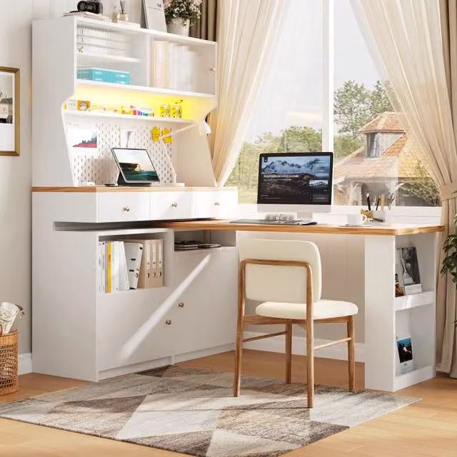 Credenza da cucina Mivray bianca con piano estraibile, ante scorrevoli e illuminazione LED in MDF opaco, L 137 cm x P 45 cm x H 178 cm
