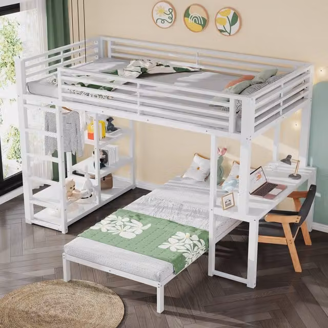 Letto a soppalco 90 × 200 cm con scrivania, 4 ripiani, armadio aperto e presa USB e tipo C, senza materasso, bianco